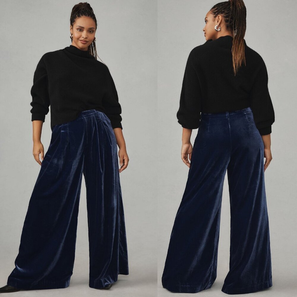 NWT New $158 Anthropologie Maeve Velvet Avery Navy Wide Leg Trousers Size 14